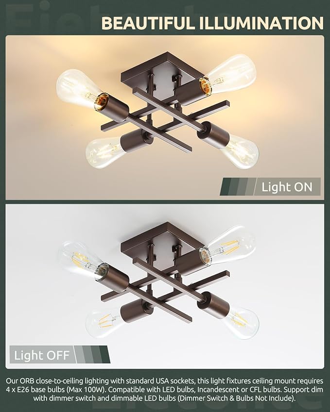 Industrial 4-Light Semi Flush Mount Ceiling Light Fixture, Farmhouse Oil Rubbed Bronze Chandelier Lighting, Modern E26 Base Sputnik Ceiling Lamp for Kitchen Living Room Hallway Entryway