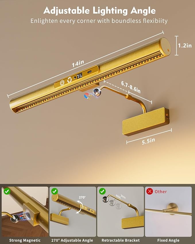 Skairipa Picture Light for Wall, 6000mAh Rechargeable Wireless Wall Lights Remote, 13'' Dimmable LED Art Painting Light with 3 Color Temps, Display for Gallery, Living Room, Hallway (Gold, 1Pack)