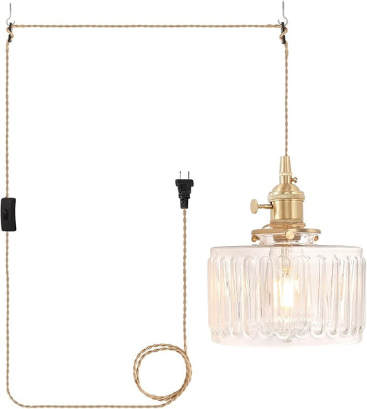 Shenmoyl Plug in Pendant Light Hanging Light Fixtures with Plugin Cord On/Off Switch,Clear Striped Glass Lampshade Brass Pendant Light