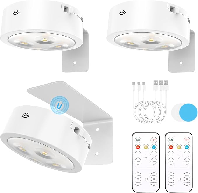 3 Pack Picture Lights for Wall, Rechargeable Battery Operated wall lights, Picture Frame lights with 3 Lighting Modes, Wireless Magnetic Painting Light with Remote Control Timer (White, 3 Pack)