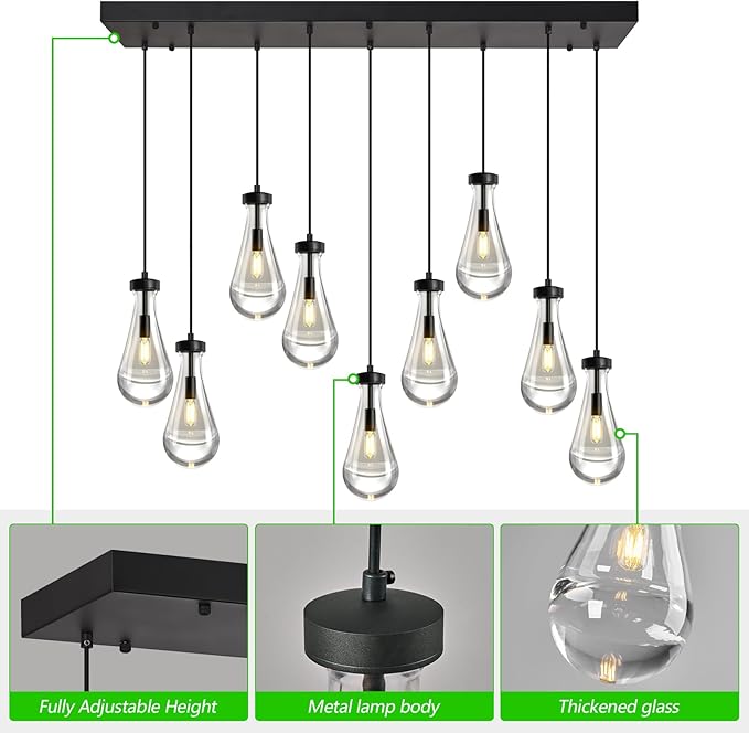Modern Raindrop Pendant Lights Kitchen Island Teardrop Black Hanging Light Fixture Clear Solid Glass Chandeliers Crystal Pendant Light for Porch Living Room Dining Room(Long Plate-9 Lights)