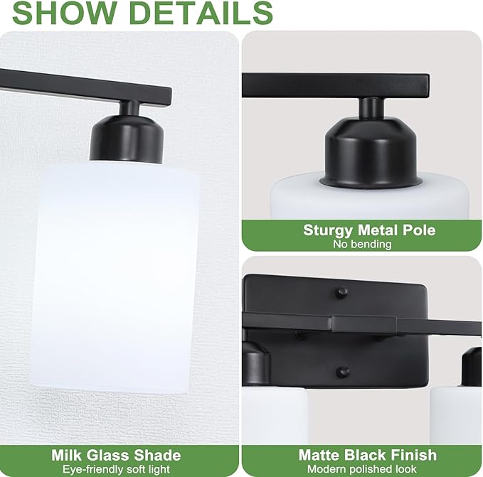 SOTTAE 4-Light Bathroom Vanity Lights, Modern Vanity Lighting with Milky White Shades, Anti-Rust Black Bathroom Light Fixtures Over Mirror, Bathroom Wall Lamp for Mirror Bathroom Living Room Cabinet