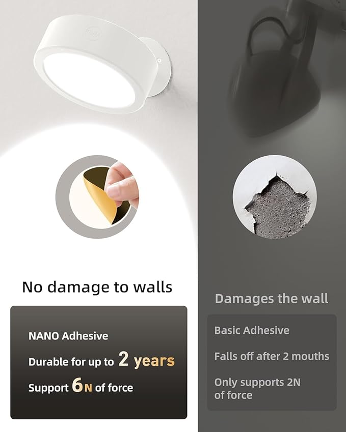 EZVALO LED Wall Mounted Light, 3000mAh Rechargeable Cordless Wall Sconce, Dimmable with Remote & Touch Control, 3 Color Temps, 360° Rotatable for Bedroom, Bedside, Reading(White, 3Pack)