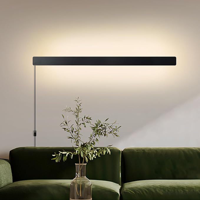 KELUOLY Modern Plug in Wall Lights, 31.4 inch Frosted Black LED Long Wall Sconce, 16W Warm White 3000K Acrylic Indoor Wall lamp,with 59" Plug Cable for Bedroom, Living Room, Hallway