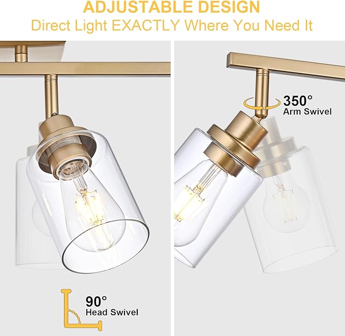 4-Light Gold Track Lighting Kits, Multi-Directional Rotating Kitchen Ceiling Tracking Light Fixture with Clear Glass, Modern Bathroom Ceiling Vanity Track Lights for Kitchen Island Accent Shop