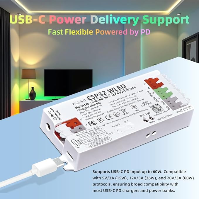 ESP32 WLED Controller with 16A Fuse for 5V-24V LED Strip Dynamic RGB IC DIY Port WiFi App Control Easy Wiring FCOB Addressable Strip Light (DOM-WLE-11P with Mic)