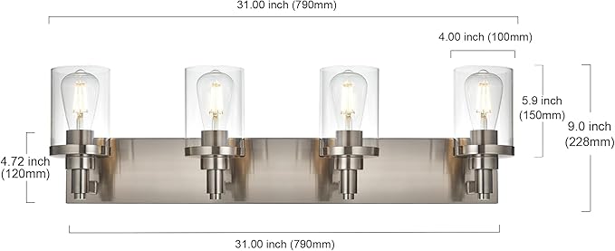 4-Light Bathroom Lighting Modern Brushed Nickel Vanity Light Fixture Over Mirror,E26 Base Industrial Wall Lamp with Clear Glass Shade Wall Sconce for Bathroom,Hallway, Makeup Dressing Table