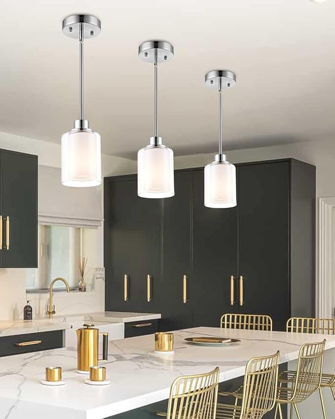 1-Light Mini Pendant Light Fixtures, 3 Pack Modern Brushed Nickel Hanging Ceiling Light with Dual Glass, Adjustable Height