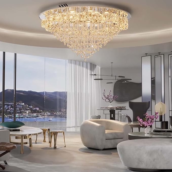 Flashing God Dia 48“ Modern Crystal Chandelier Living Room Large Chandeliers Dinning Room Crystal Raindrop Chandelier Flush Mount Ceiling Light LED Dimmable 2700k 4500k 6000k