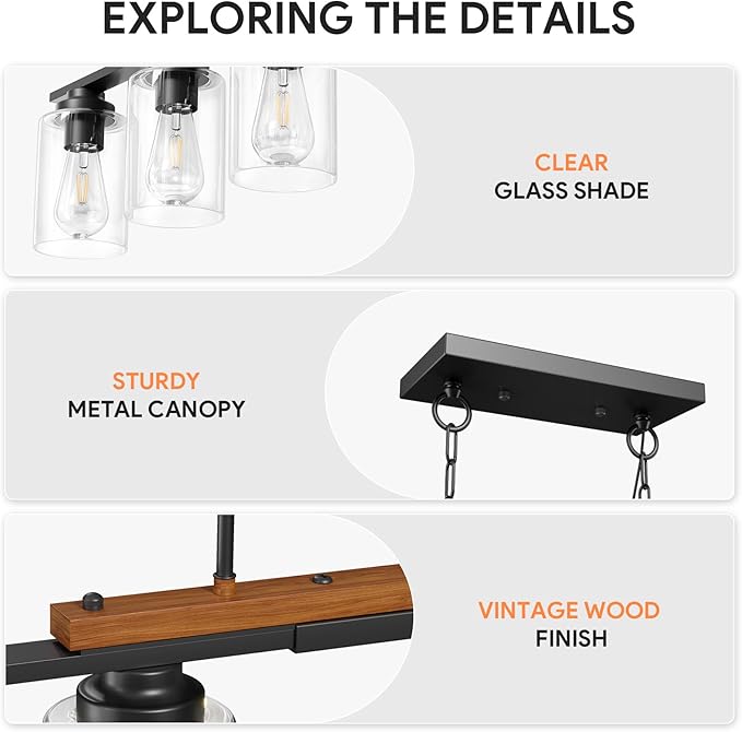 VONLUCE Dining Room Light Fixture Over Table, 5-Light Kitchen Island Lighting with Glass Shade and Adjustable Rods, Farmhouse Linear Chandelier Pendant Light for Kitchen Living Room, Matte Black