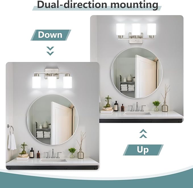 Brushed Nickel Bathroom Light Fixtures, 3-Light Modern Vanity Lights with Milky White Frosted Glass Shades, Wall Sconces for Mirror, Bathroom, Restroom (E26 Socket)