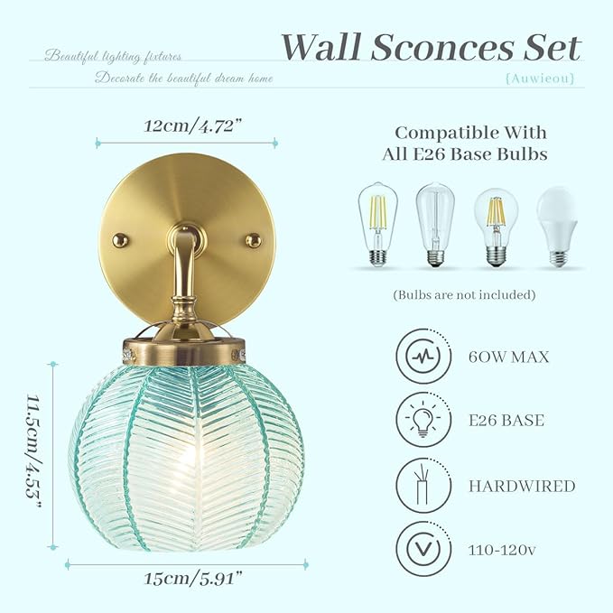 Vintage Wall Sconce Gold Bathroom Vanity Light Hand Blown 1-Light Globe Wall Sconce Indoor Wall Light with Blue Glass Shade Mid Century Modern Wall Lighting for Bedroom Hallway Living Room