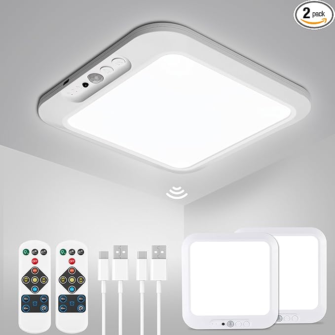 wowatt 2Pcs Rechargeable Battery Operated Ceiling Light, Motion Sensor Light Indoor Wireless Shower Lamp with Remote 3000K 4500K 6500K Dimmable Timing for Closet, Shower, Hallway, Patio