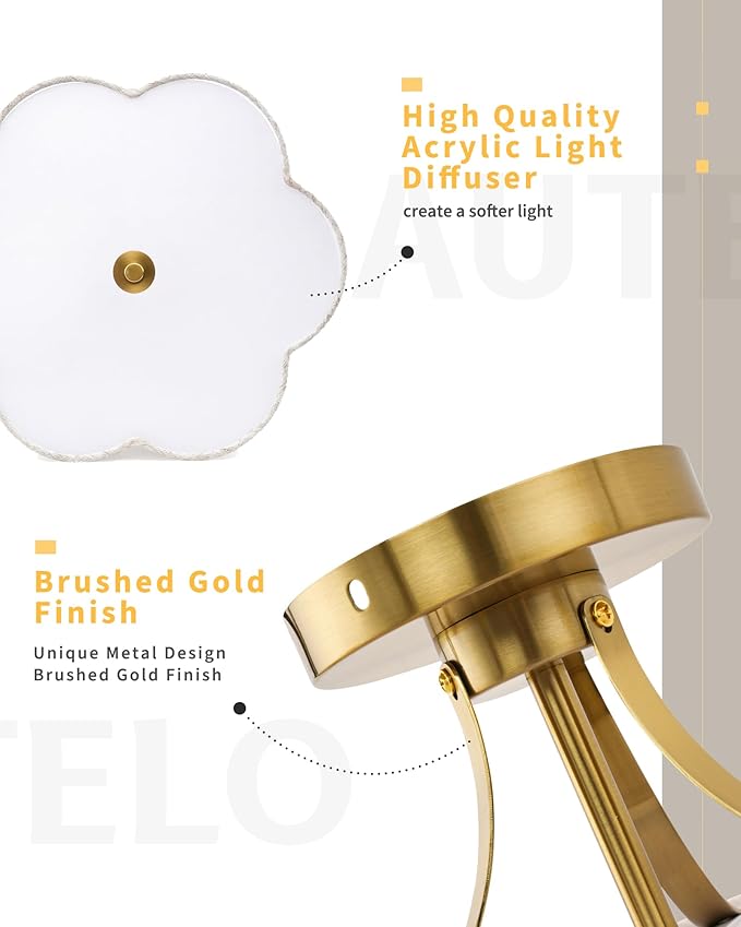 AUTELO 3-Light Modern Ceiling Light, 17.7 Inch Brushed Gold Semi-Flush Mount Ceiling Light with Flower-Shaped White Fabric, Vintage Ceiling Light for Kitchen Island Hallway, C2507 BGL-6