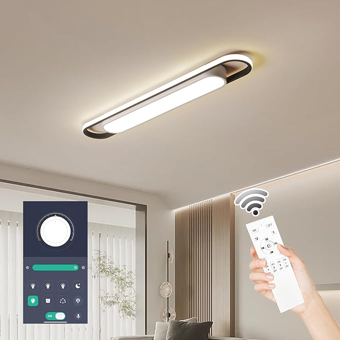 Dimmable LED Ceiling Light Modern Linear LED Ceiling Lamp 36.2" Smart Semi Flush Mount Wraparound Shape Lighting Fixture with Remote Control for Kitchen Dining Room & Laundry (50W)