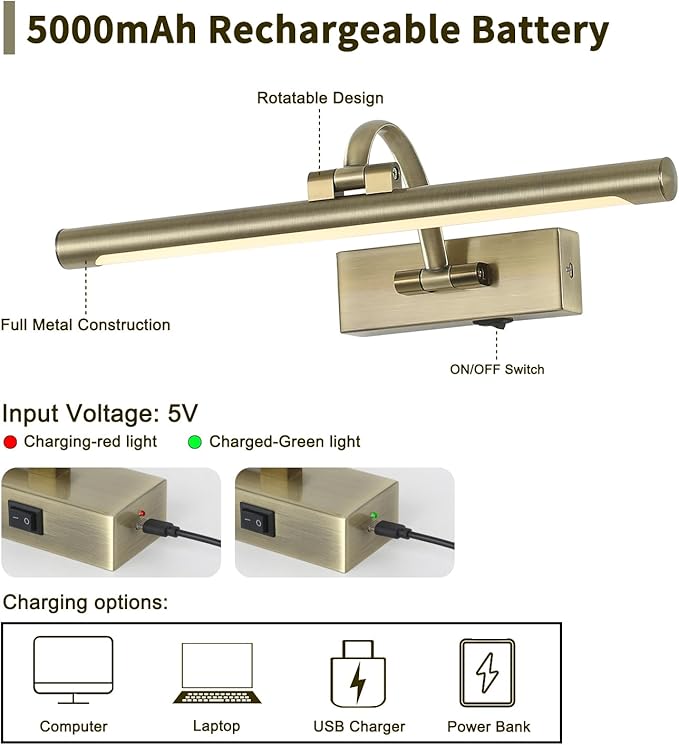DESOOP Wireless Picture Lights Rechargeable Gallery Lighting Battery Picture Frame Light with Remote and Timer, Adjustable Art Light for Paintings, Portraits, Antique Bronze Finish 16'' Inch 3W 2700K
