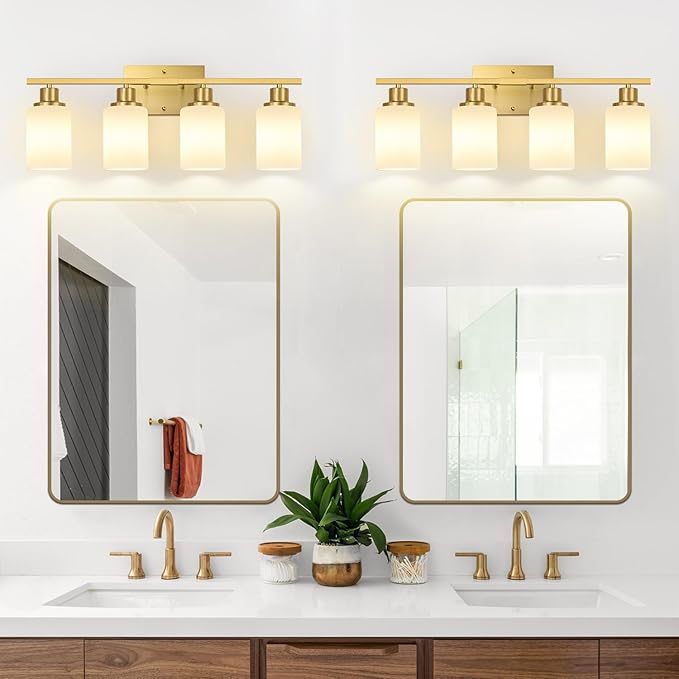 Indoi 4-Light Bathroom Light Fixtures, Brushed Gold Vanity Lights with Milk Glass Shades, Modern Bathroom Wall Lamp for Mirror Living Room Bedroom Porch