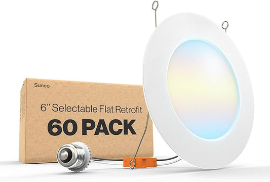 Sunco 60 Pack 5CCT LED Recessed Lighting 6 Inch, 1200 LM High Brightness, Ultra Thin Flat Can Lights, 2700K/3000K/4000K/5000K/6000K Selectable, Dimmable, 15W, Retrofit Installation - UL Listed