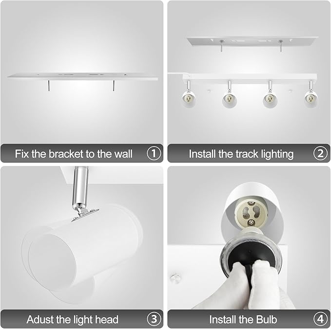 BoostArea LED Track Lighting Ceiling Fixtures, White 4-Light Plug in Track Lights for Kitchen, 4 Way Ceiling Spotlight, 15 FT Cord,Flexibly Rotatable Wall Mount Light Head for Bedroom Hallway