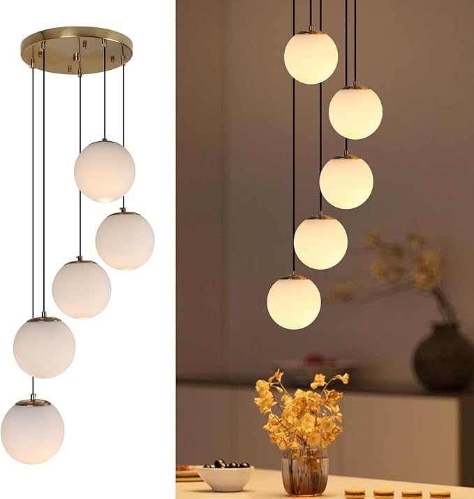 Modern Globe Cluster Chandeliers, 5-Light White Glass Pendant Light Multi Cluster Pendant Lighting Mid Century Chandelier for Living Room Staircase Foyer Entryway, Brass