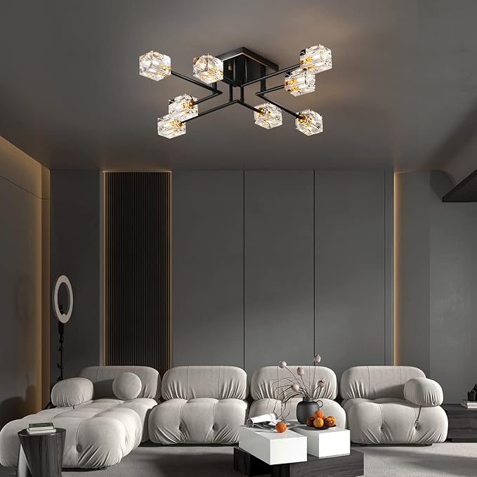 8-Lights Semi Flush Mount Ceiling Light Fixture,Black and Gold Modern Crystal Chandeliers,Farmhouse Lighting Fixtures for Dining Room Living Room Kitchen Bedroom Entryway