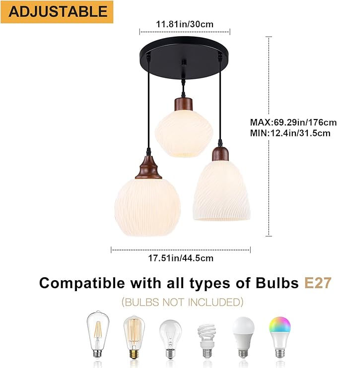 Cluster Pendant Lights with for Kitchen Island 3-Light Pendant Light Fixtures with 3D Printed Ribbed Shade, Kitchen Island Lighting Adjustable Pendant Light for Dining Room, Kitchen