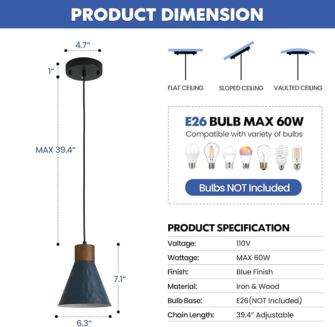 Farmhouse Pendant Lights for Kitchen Island, Modern Blue and Wood Dome Pendant Light Fixtures, Industrial Hanging Pendant Lighting for Dining Room Foyer Cafe Kitchen Sink, 3 Pack