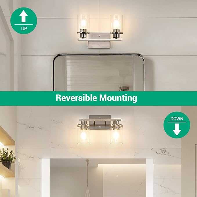 EDISHINE Vanity Light Fixtures, 2 Light Bathroom Vanity Light Fixtures Brushed Nickel, Modern Wall Sconces for Bathroom, Powder Room, Bedroom, Kitchen (E26 Base)