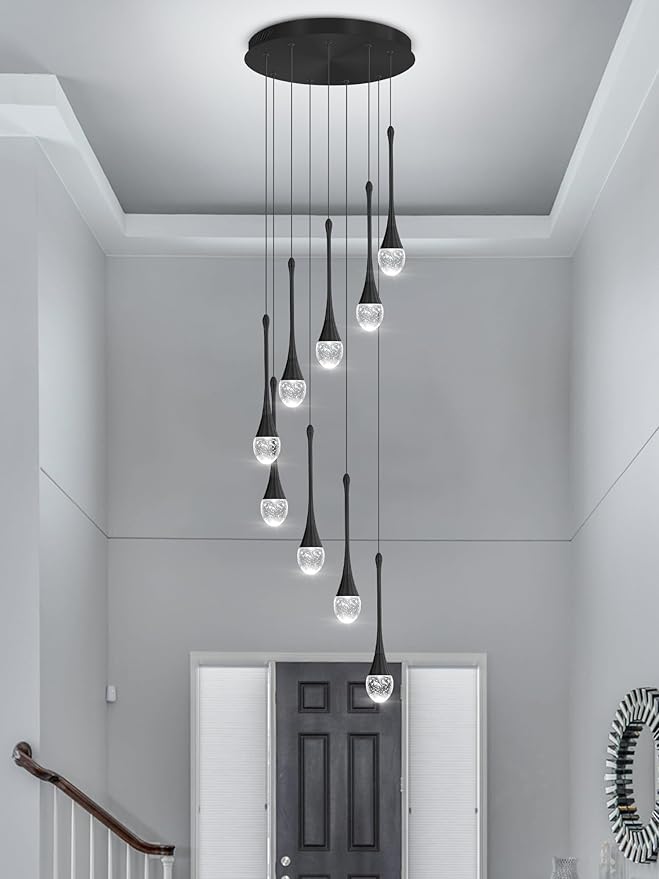 ykolupty 9-Lights Black Pendant Chandliers 100'' High Staircase Ceiling Chandeliers Crystal Bubble Raindrop Lighting Chandelier Ceiling Living Room Dimmable 2700-6000k LED Dining Lighting
