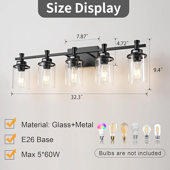 5-Light Black Bathroom Vanity Light, Modern Wall Sconces Over Mirror with Clear Glass Shade