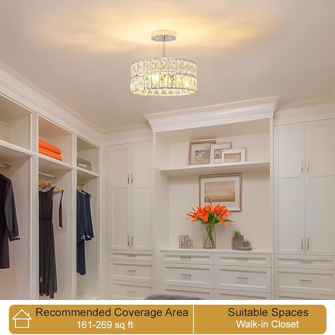 Chrome Crystal Ceiling Light, Modern Semi Flush Mount Ceiling Lighting, Hallway Lighting Fixtures, Small Chandelier Light Fixture for Kitchen Entryway Bedroom Dining Room, 3-Light, 12 Inch