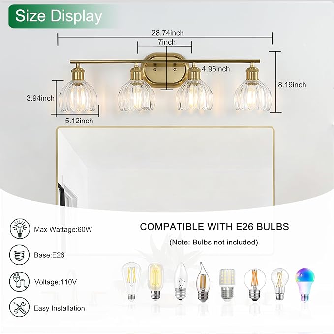 4-Light Bathroom Light Fixtures, Brushed Gold Vanity Lights for Bathroom with Ribbed Clear Tulip Glass Shade, Vintage Wall Scone Lighting Fixture Over Mirror for Bedroom Living Room Hallway