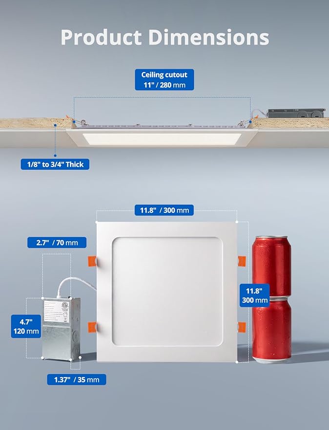 2 Pack 11 Inch Square LED Recessed Ceiling Light 5 Color Temperature for Kitchen Retrofit, Slim Canless Wafer Downlight IC Rated for Bathroom, 24W Dimmable 1920LM for Bedroom ETL FCC