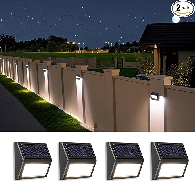 Solar Lights Outdoor, Waterproof Solar Powered Deck Step Lights for Patio Garden Backyard Garage Driveway Pathway Outside Wall Lighting (Cool White, 4-Pack)