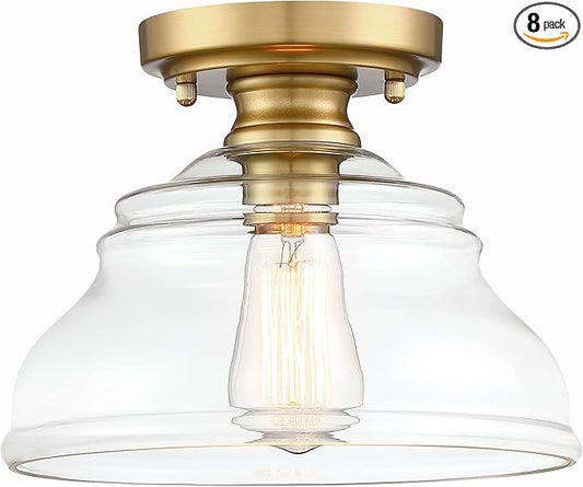 MEXO Industrial Semi Flush Mount Ceiling Light Modern Clear Glass Light Fixture Farmhouse 10" Close to Ceiling Lights in Brushed Gold for Hallway Bedroom, Kitchen Entryway Cafe Bar Porch Dinning Room