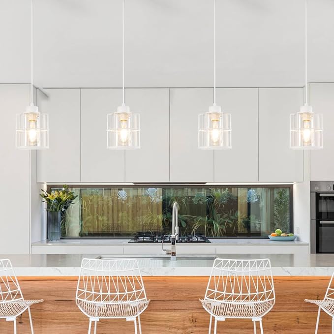 Modern White Industrial Pendant Light Fixtures Set of 2, Clear Glass Cage Pendant Light Kitchen Island, Adjustable Cord Hanging Light for Kitchen Island Decor, Over Sink Lighting Fixtures for Bathroom