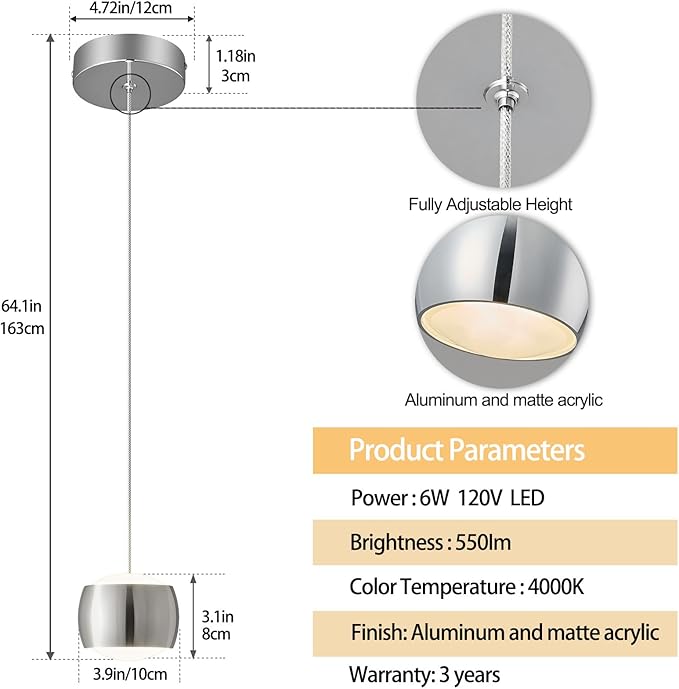 Modern LED Dimmable Pendant Light fixtures,Mini Island Pendant Lighting for Kitchen Island Dinning Room,Bedroom,Bar, Kitchen Island Ceiling Hanging Light Fixtures(Chrome-3-Pack)