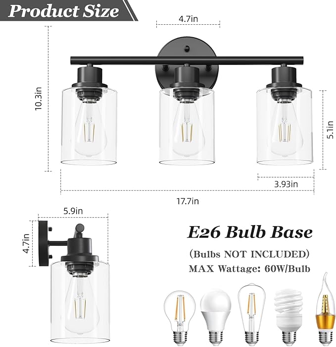 3-Light Black Vanity Lights, E26 Modern Bathroom Light Fixtures with Clear Glass Shade, Wall Lamps for Mirror Kitchen Hallway Cabinet Living Room Sconces Lights