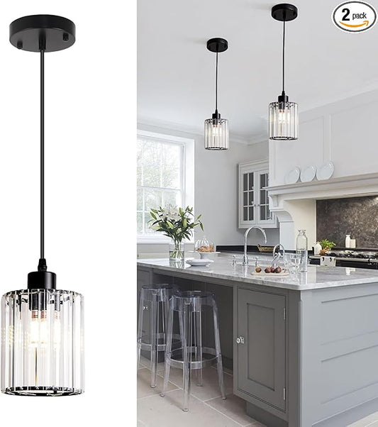 Black Pendant Lighting 2 Pack Modern Crystal Mini Chandeliers Vintage Rustic Farmhouse Pendant Lights for Kitchen Island Dining Room Bedroom
