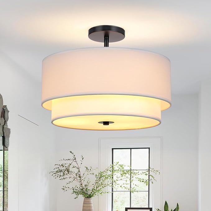 FRIDEKO HOME Semi Flush Mount Ceiling Light - Double Drum 3-Light Ceiling Light Fixture Farmhouse Chandelier with White 2-Layer Classic Fabric Linen Shade Design for Living Room, Bedroom, Kitchen