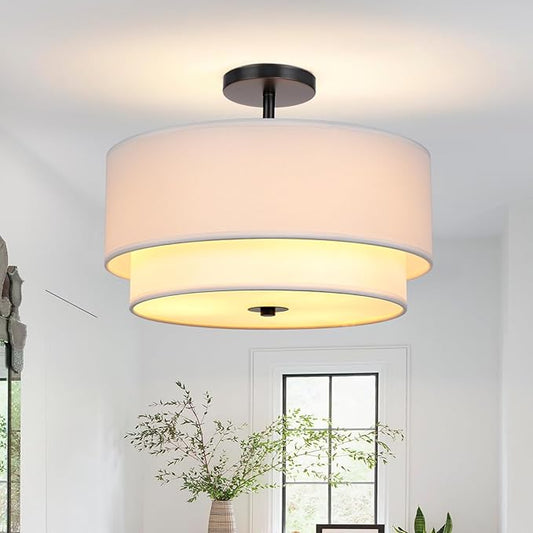 FRIDEKO HOME Semi Flush Mount Ceiling Light - Double Drum 3-Light Ceiling Light Fixture Farmhouse Chandelier with White 2-Layer Classic Fabric Linen Shade Design for Living Room, Bedroom, Kitchen
