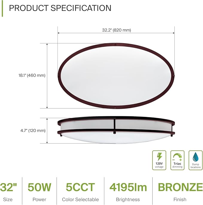 ASD LED 32" Oval Flush Mount Lighting, Close to Ceiling Light Fixture | 5CCT, Dimmable, ETL Listed | 50W 4195LM 2700-5000K 120V | Low Profile Double Ring Lamp | Dark Bronze