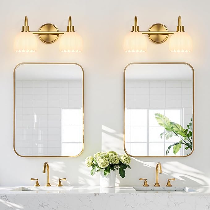 Bathroom Light Fixtures, 2-Light Gold Vanity Light Fixtures with White Tulip Glass Shades, Bathroom Lighting Fixtures Over Mirror for Bedroom, Living Room & Hallway (Bulbs Not Included)