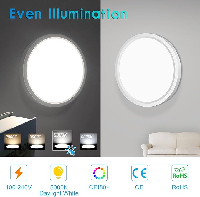 LightingWill 7 Inch LED Flush Mount Ceiling Light Fixture, 5000K Daylight White, 1500LM, 12W, Flat Modern Round Lighting Fixture, 120W Equivalent White Ceiling Lamp for Kitchens, Bedrooms.etc.
