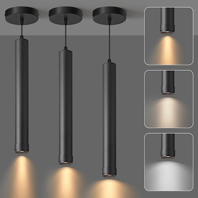 OKELI Black LED Mini Pendant Light, Dimmable Hanging Pendant with Adjustable Beam Angle, 3CCT 2700K–6000K Modern Pendant Light for Kitchen Island, Bar Counter or Bedroom, 7W 14.96", 3 Pack