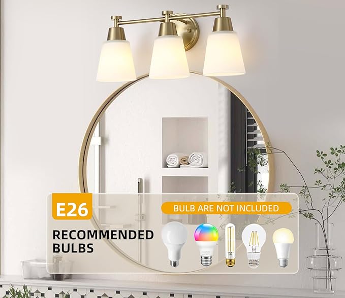 3-Light Bathroom Vanity Light, Gold Finish with Milk Glass Shades, Over Mirror, for Bathroom Vanity