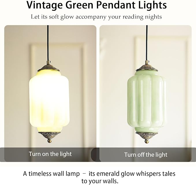 Vintage Milk Glass Pendant Lights Kitchen, Brass Color Glass Ceiling Light Fixture, Retro Industrial Pendant Lighting for Dining Room, Kitchen, Bedroom, Entryway, Hallway (Green, 5.5in)