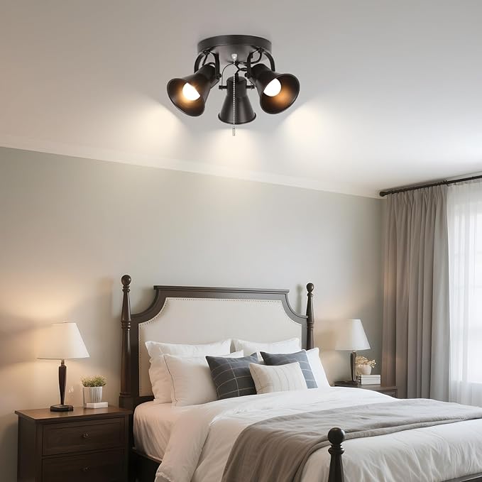 KEESFU Adjustable 3-Light Track Lighting with Pull Chain Switch, Modern Round Ceiling Lamp for Kitchen Hallway Bathroom, Directional Flush Mount Fixture for Dining Room Bedroom Office.