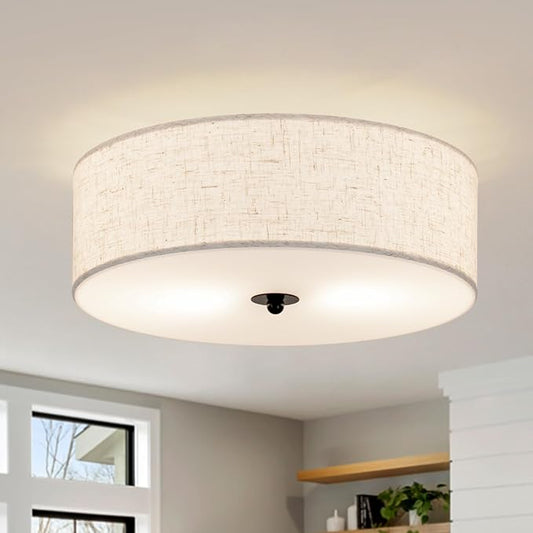 Flush Mount Ceiling Light Fixture, 13" Close to Ceiling Light with Beige Fabric Linen Drum Shade, 2-Light Modern Round Ceiling Light for Bedroom Hallway Dining Kitchen