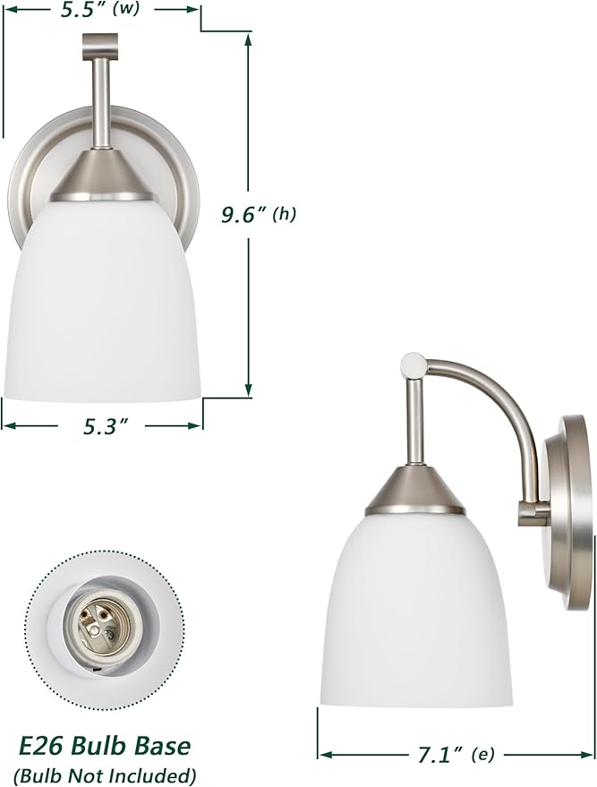 Traditional 1-Light Indoor Wall Sconce with Frosted Glass Bathroom Bedroom Hallway, 9.6" H x 5.5" W, Brushed Nickel